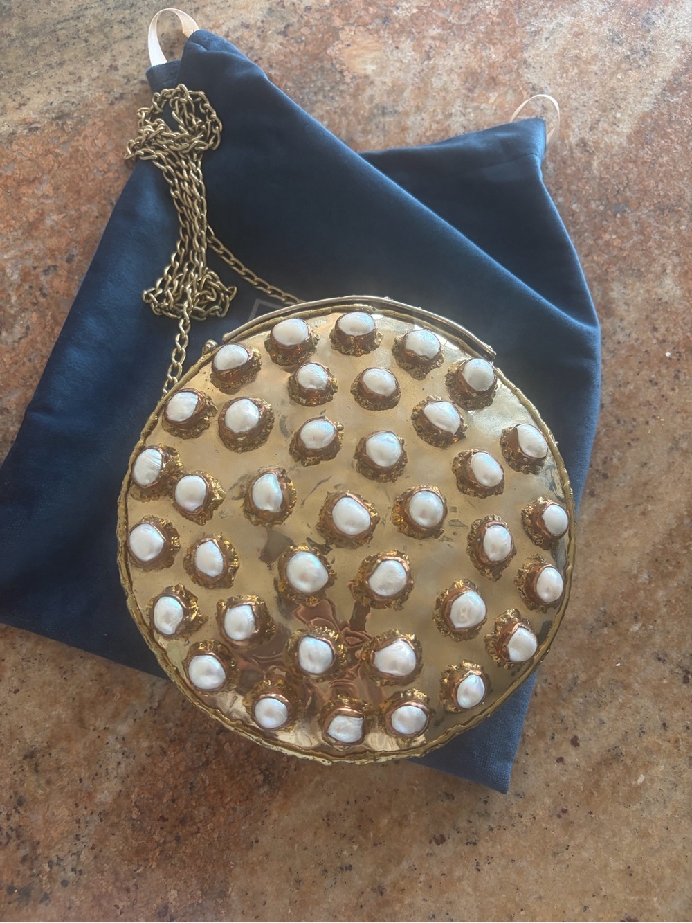 Gold Round Pearl-Studded Evening Crossbody